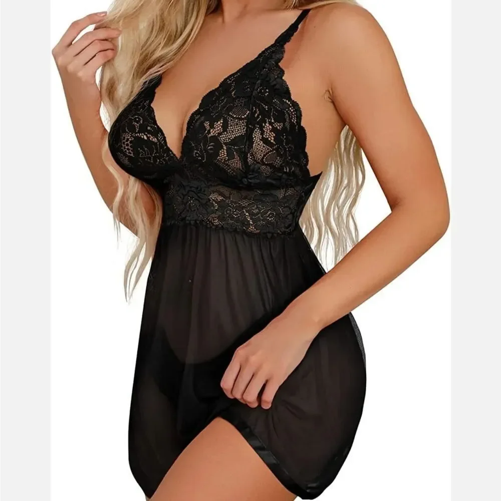 Sexy Lingerie for Women Flower Lace Badydoll Sleepwear Teddy V Neck Pajamas Gift